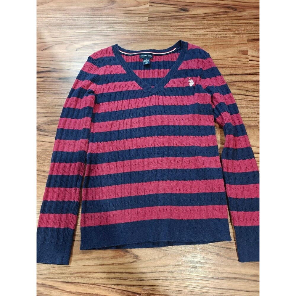 U.S. Polo Assn. Red & Navy Striped V‑Neck Sweater
